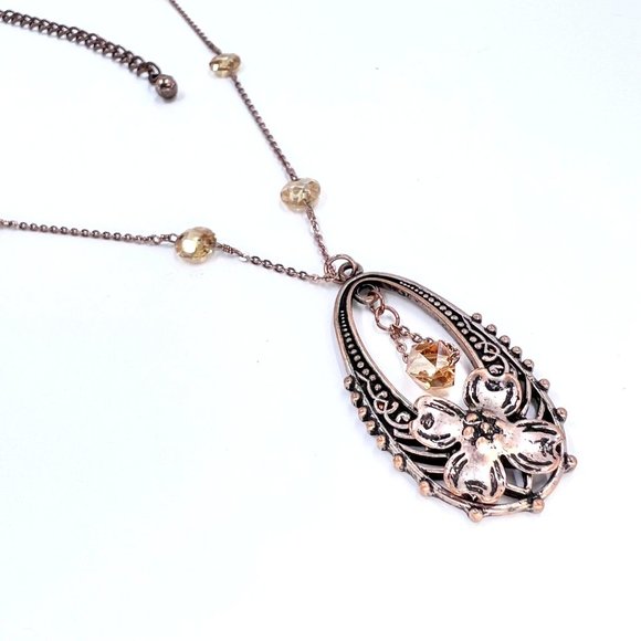 New / Handcrafted - Crystal Accent Flower Drop Pendant Copper Tone 16” Necklace - Picture 4 of 8